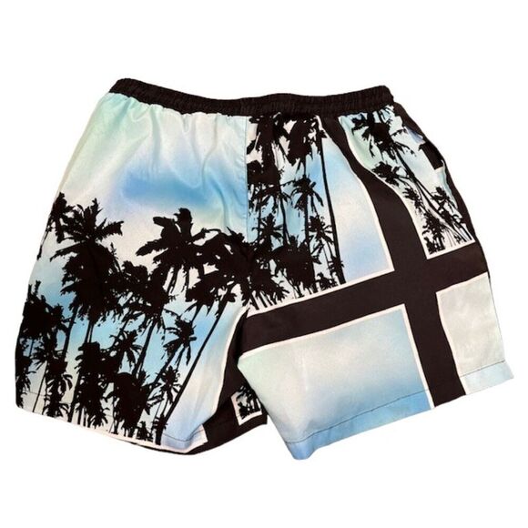 BoohooMAN Silky Tropical Palms Print Shorts Elastic Drawstring Waist Size Medium - Picture 5 of 11